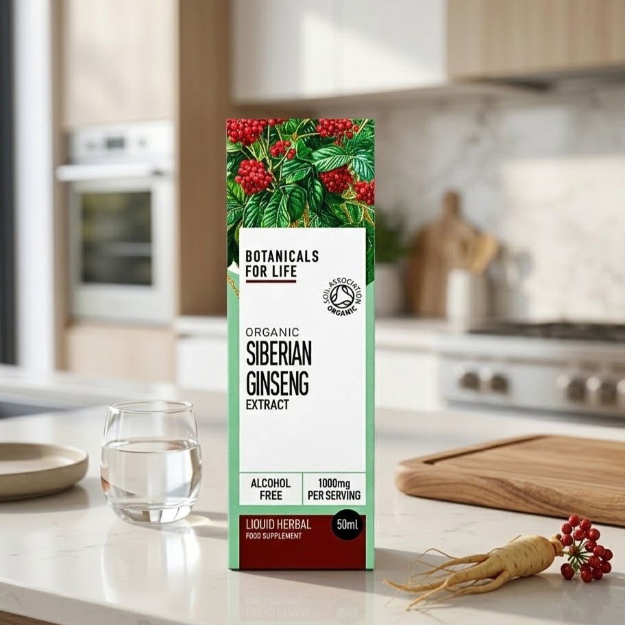 Organic Siberian Ginseng Extract by Botanicals For Life standing on a bright kitchen counter with a glass of water, wooden board and fresh ginseng root.
